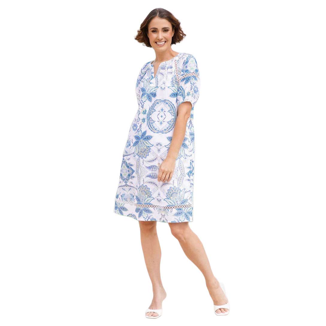 See Saw 100% Linen Ss Dress With Lace Trim
